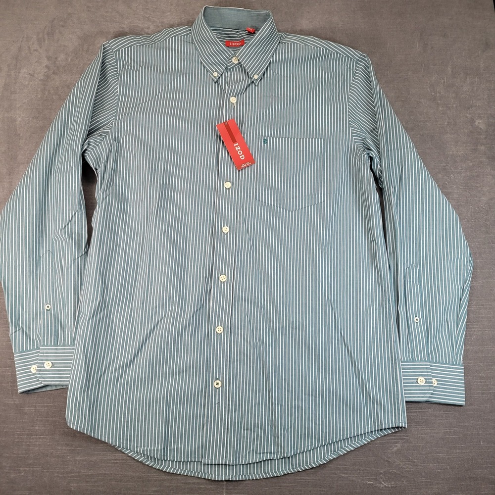 IZOD Button Down Shirt Mens Large Tall Green White Striped Long Sleeve New
